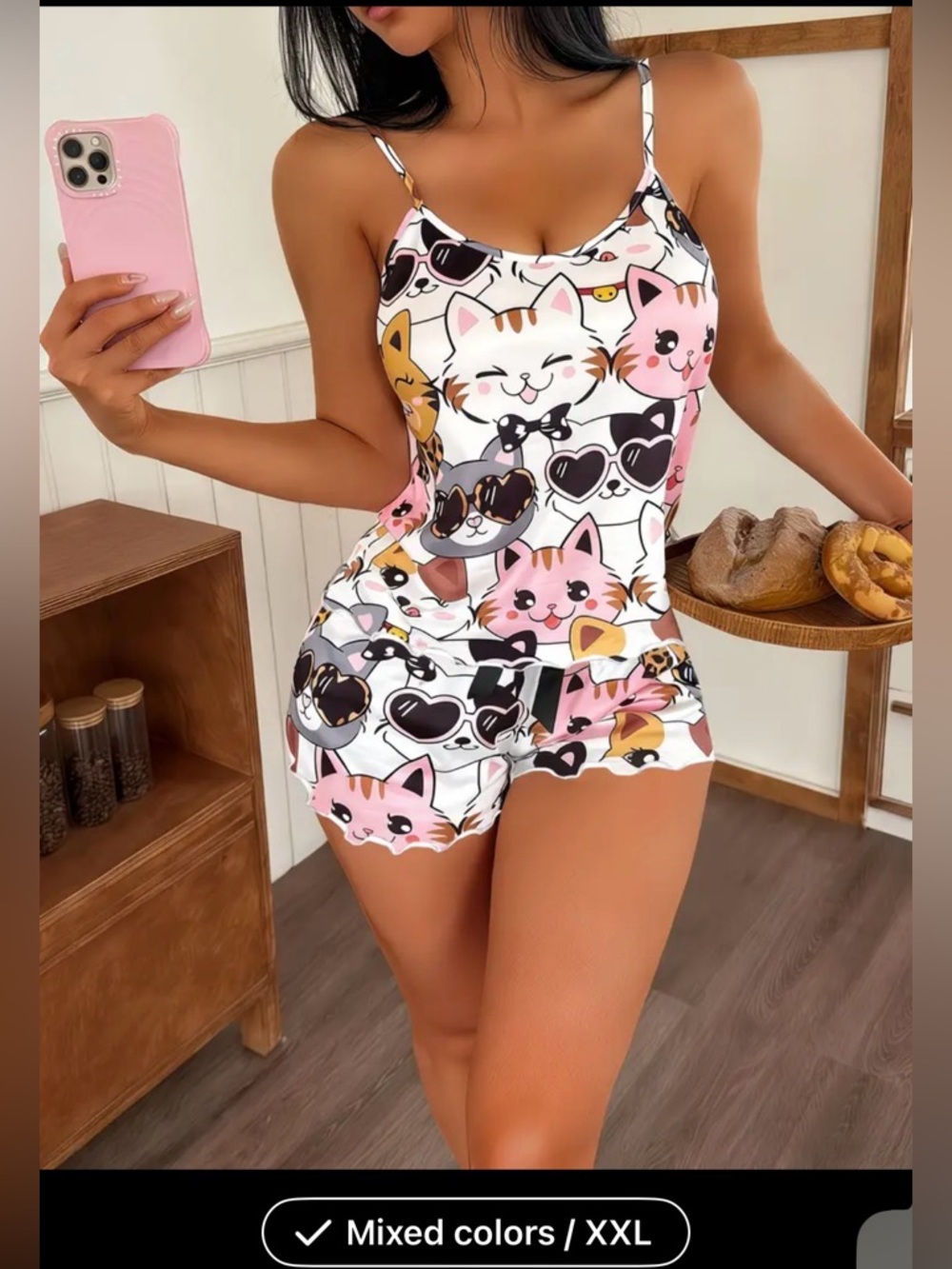 Cute Cat Print Pajama Set - Pink & White NWT 2X